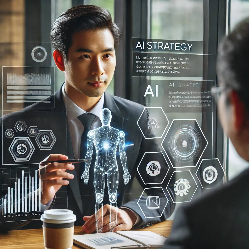 DALL·E 2025-02-17 12.30.58 - A modern business setting featuring an Asian consultant, preferably of Filipino descent, presenting an AI strategy to a small business owner. The cons