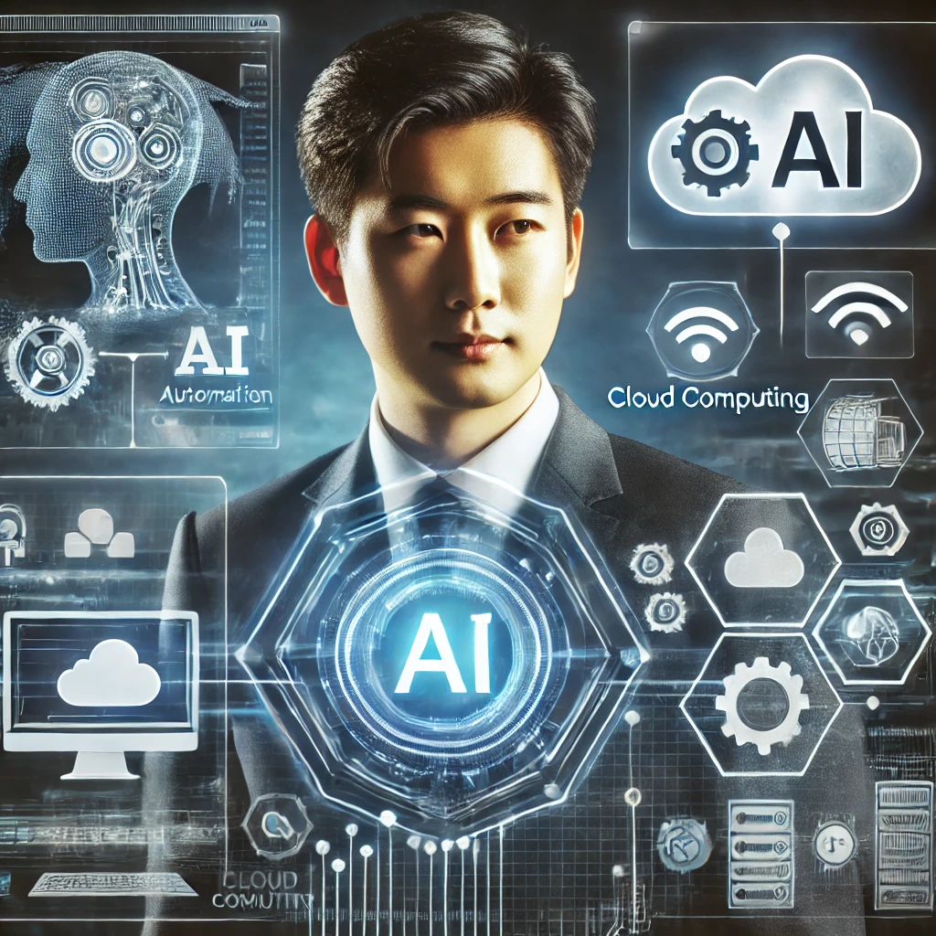 DALL·E 2025-02-17 12.31.00 - A futuristic cloud-based AI system managing business operations, featuring an Asian entrepreneur, preferably of Filipino descent. The image shows a di