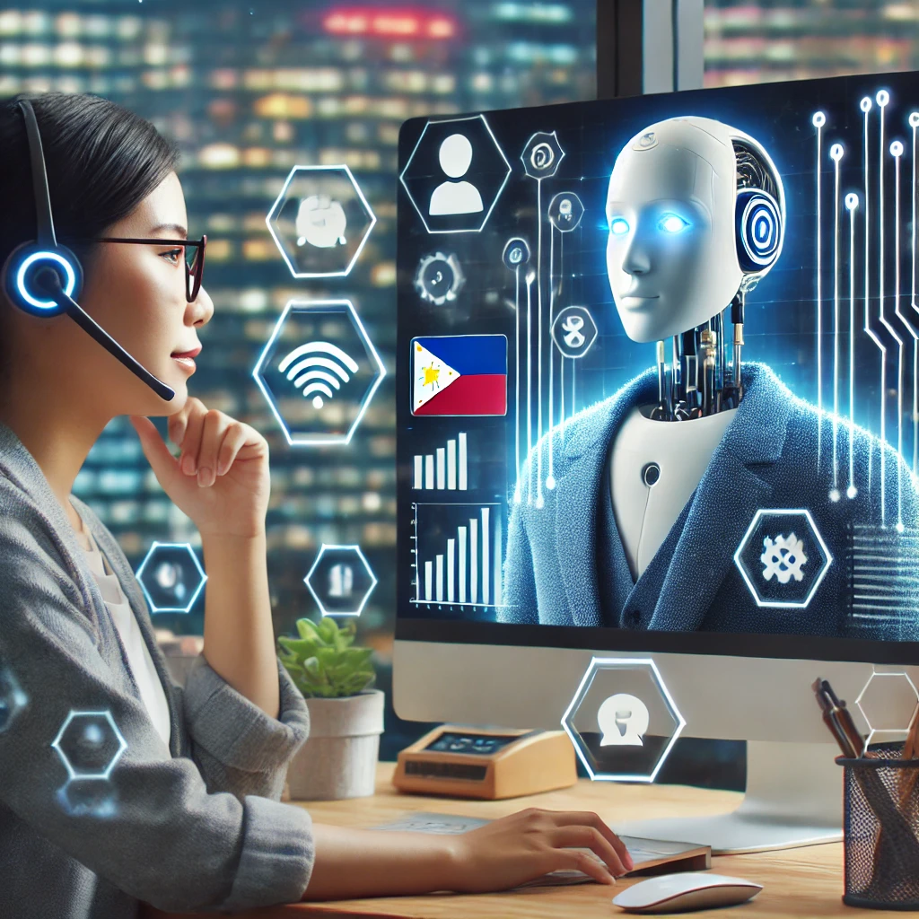 DALL·E 2025-02-17 12.31.02 - An AI-powered customer engagement system in action, featuring an Asian business owner, preferably of Filipino descent, using AI-driven chatbots and vi